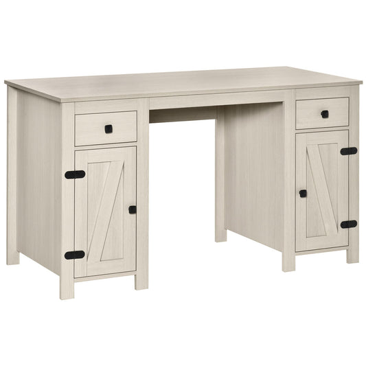 HOMCOM Farmhouse Computer Desk with Storage, Home Office Desk with 2 Drawers and 2 Cabinets, Cream White - WoodArtSupply