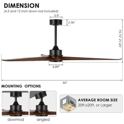 WINGBO 60 Inch DC Ceiling Fan without Lights, 3 Reversible Carved Solid Wood Blades, 6-Speed Noiseless DC Motor, Ceiling Fan No Light with Remote, Matte Black Finish with Walnut Blades