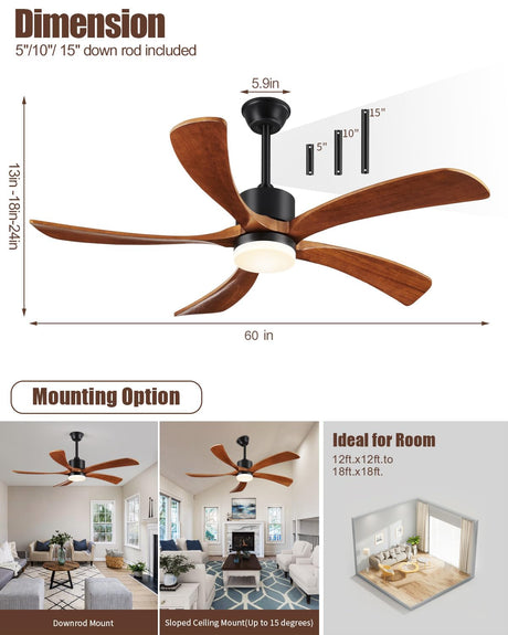 60 Inch Ceiling Fans with Lights Remote Control, Modern Ceiling Fan 5 Blades Wood Fan for Outdoor, 3 Downrods, ETL Listed, Timer, 6 Speeds Reversible Quiet Dc Motor for Patios Forrovenco