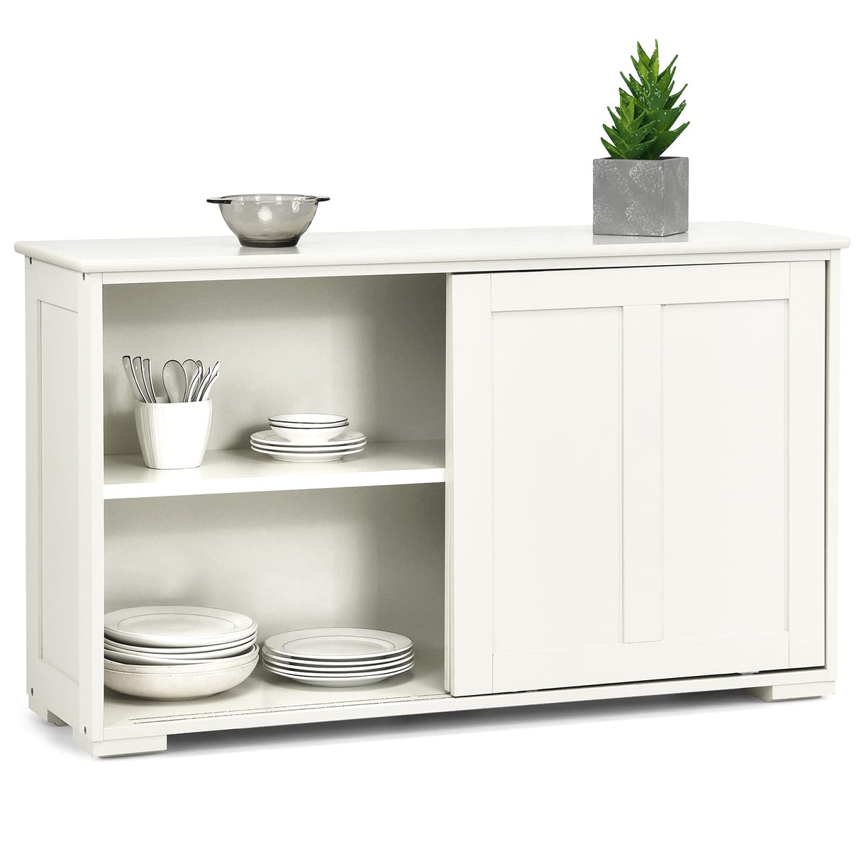 Costzon Sideboard Buffet Cabinet, Wooden Kitchen Storage Cabinet with Adjustable Shelf, Sliding Barn Door, Accent Coffee Bar Cabinet Console Table for Living Room, Dining Room, Hallway (White) Costzon