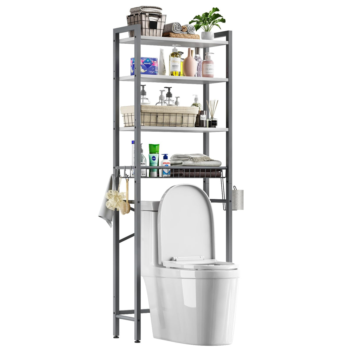 Kalrin Over-The-Toilet Storage Rack, 4-Tier Bathroom Organizer Shelf Over Toilet with Adjustable Shelf and Basket, Freestanding Space Saver Bathroom Shelves Above Toilet for Room (Gray- White) Kalrin