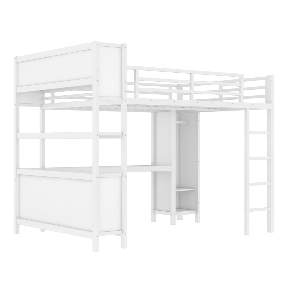RuiSiSi Queen Size Loft Bed with L-Shaped Desk and Storage Wardrobe, Heavy Duty Metal Loft Bed with Storage Cubes and Shelves for Adults Kids, Space-Saving Loft Bed with Guardrail and Ladder, White RuiSiSi