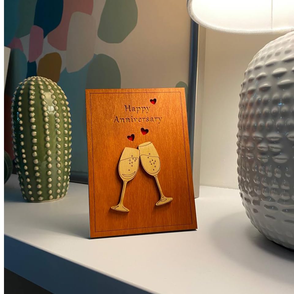 Handmade Wooden Happy Anniversary Card with Holder. Wood Wedding Anniversary Cards for Him, Husband, Her, Wife or Parents, Couple. REYJUK