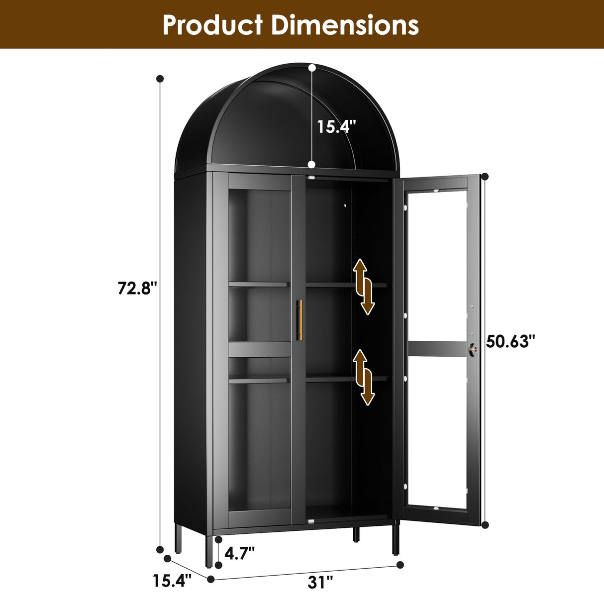 JAORD 73'' H Metal Arched Display Cabinet with Glass Door,Locking Kitchen Pantry Cabinet with Lockable Door and 2 Adjustable Shelves for Home Office, Assembly Required, Black JAORD