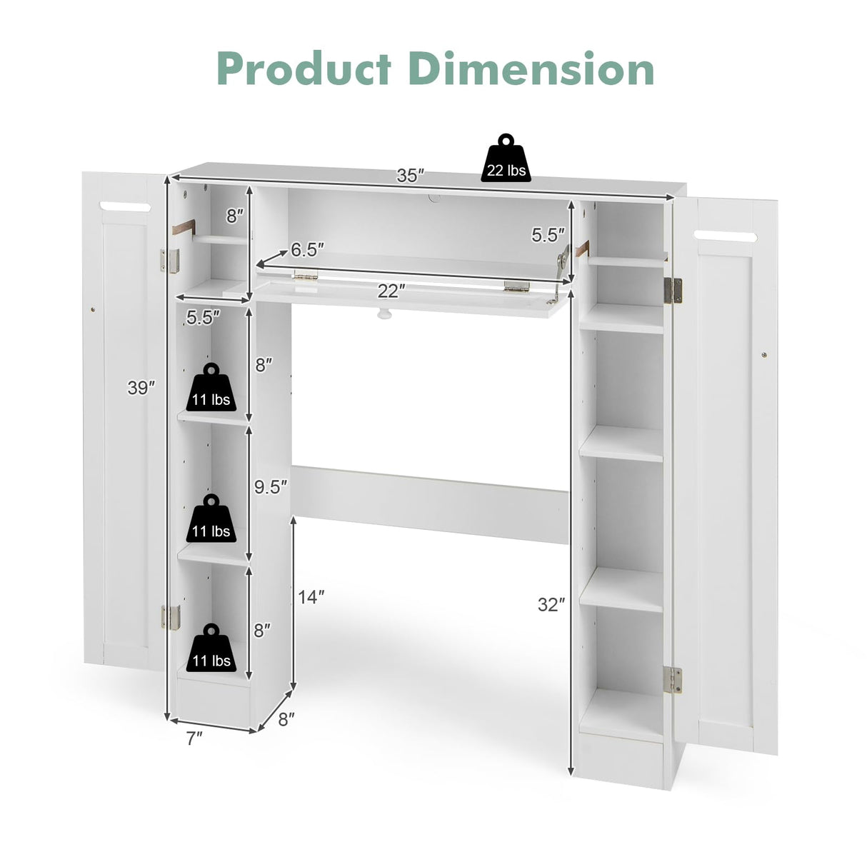 Tangkula Over The Toilet Storage Cabinet, Bathroom Space Saver w/Adjustable Shelves & Paper Holder, Freestanding above Toilet Organizer w/ 2 Side & Pull-Down Door for Bathroom Storage (White) Tangkula