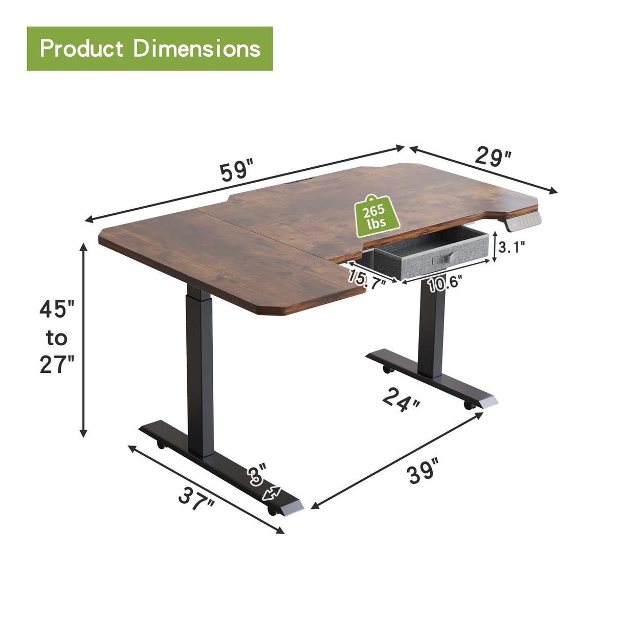 Radlove Dual Motors Height Adjustable 59'' L Shape Electric Standing Desk with Drawer Stand Up Table 4 Memory Keys, Computer Desk with Splice Board Home Office Desk, Rustic Brown Top + Black Frame Radlove