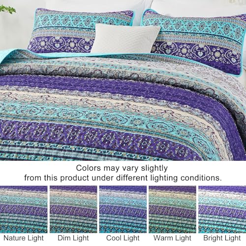 WONGS BEDDING Boho Queen Quilt Set, Blue Purple Bohemian Queen Quilt Bedding Set, Lightweight Microfiber Bed Decor Bedspread for All Season 96"x90"(3 Pieces) WONGS BEDDING