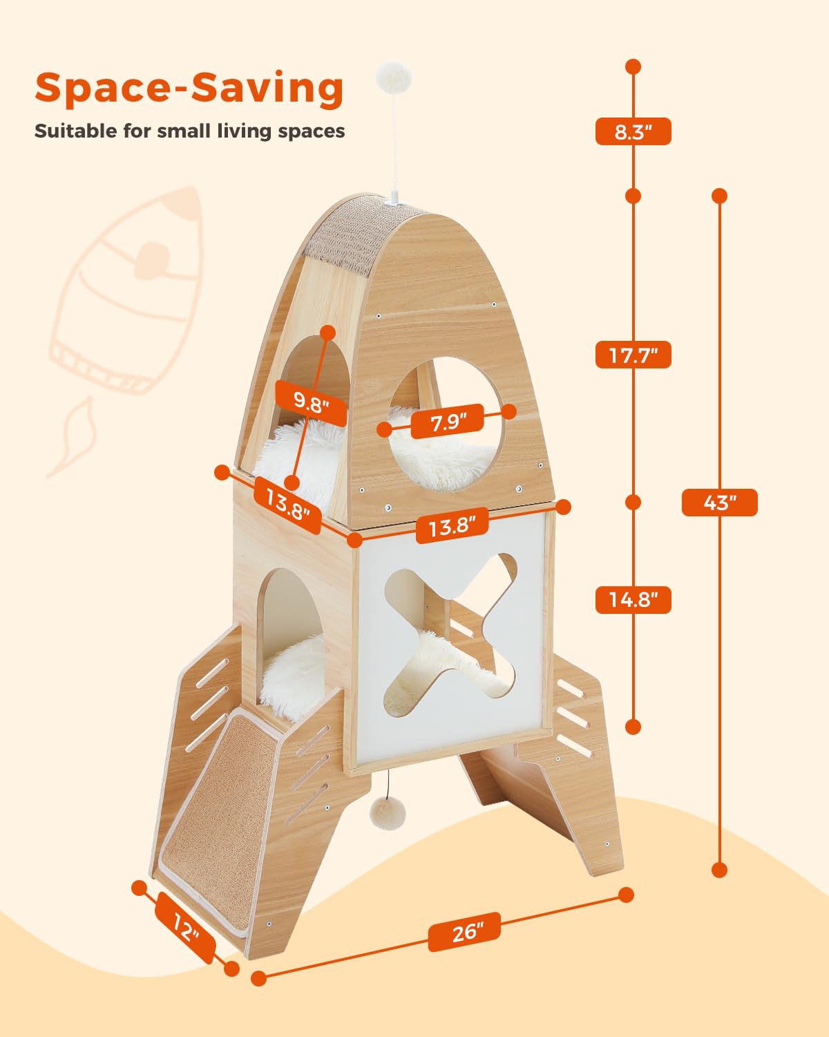 MUTTROS Modern Cat Tree Rocket Ship, Wood Cat Tower for Indoor Cats, 47" Multilevel Wooden Cat Furniture with 2 Condos, Dangling Balls, Sisal Scratcher Pads, Cute Cat Tree Kitten Playground MUTTROS
