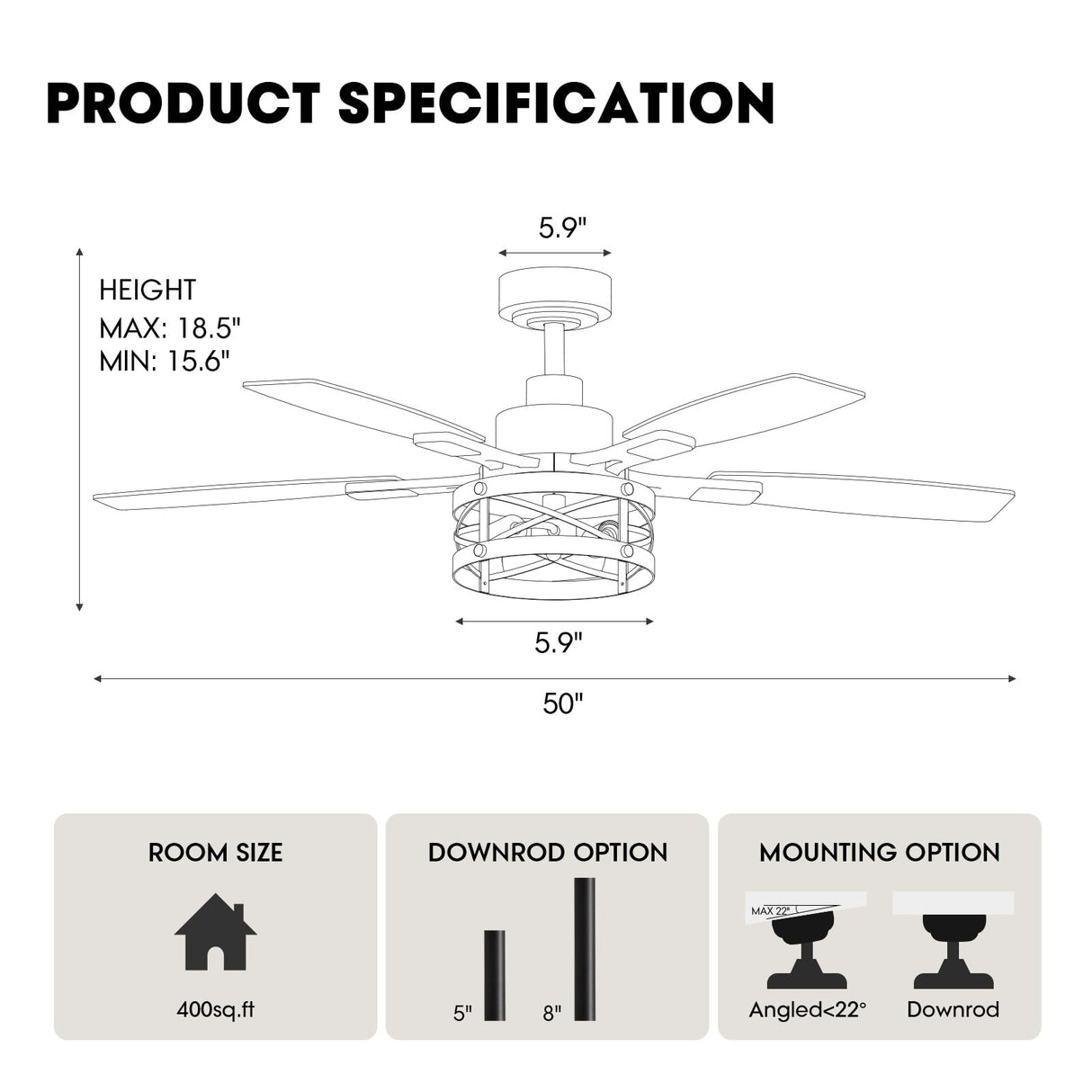 52 Inch Ceiling Fans with Lights and Remote & APP Control, Farmhouse Ceiling Fan with LED Lighting for Bedroom Living Room and Patio, Black Caged Ceiling Fan for Indoor and Outdoor(NO BULBS） YouthDream