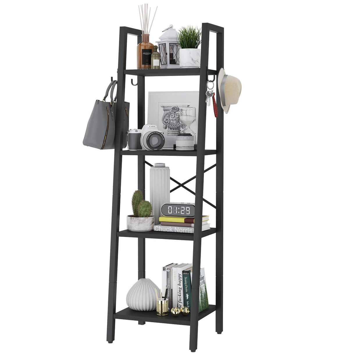 YMYNY 4 Tiers Ladder Bookcase, Industrial Narrow Bookshelf, Open Display Rack with 4 S Hooks, Metal Storage Shelves for Bedroom, Home Office, Living Room, Black, 49.2H*13.4L*11.8W, UHBC024B YMYNY