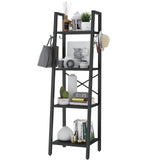 YMYNY 4 Tiers Ladder Bookcase, Industrial Narrow Bookshelf, Open Display Rack with 4 S Hooks, Metal Storage Shelves for Bedroom, Home Office, Living Room, Black, 49.2H*13.4L*11.8W, UHBC024B YMYNY