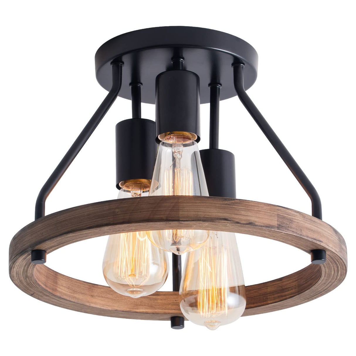 VILUXY Industrial Flush Mount Ceiling Light Fixture with Retro Wood Circle Shade for Hallway, Entryway, Bedroom, Balcony Passway 3-Light VILUXY