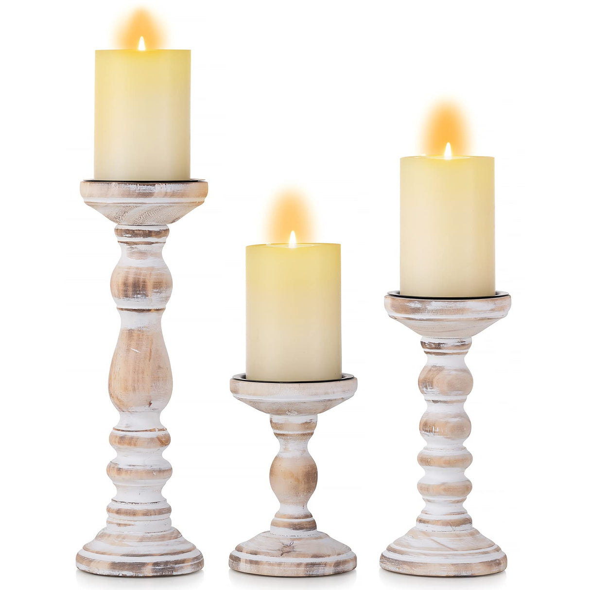 Candle Holder for Pillar Candles: Romadedi Set of 3 Decorative Wood Candlestick Holders, Rustic Wooden Candle Stand for Fireplace Mantle End Table Shelf in Farmhouse Style, Whitewashed 6”, 8.3”, 12” Romadedi