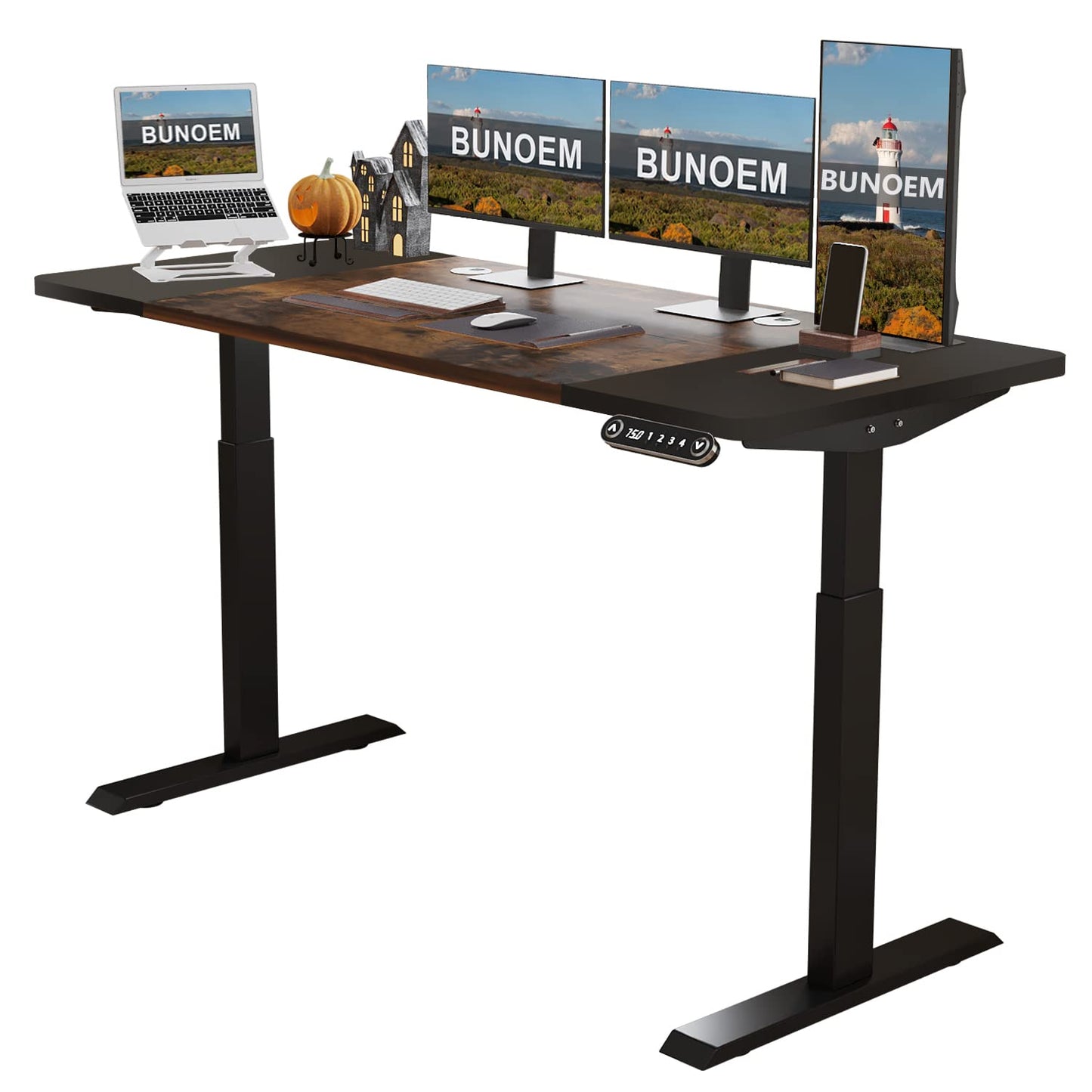 BUNOEM Height Adjustable Electric Standing Desk, 63x30 Height Stand Up Computer Desk,Sit and Stand Home Office Desk with Splice Board (Brown+Black Top, Black Frame) - WoodArtSupply