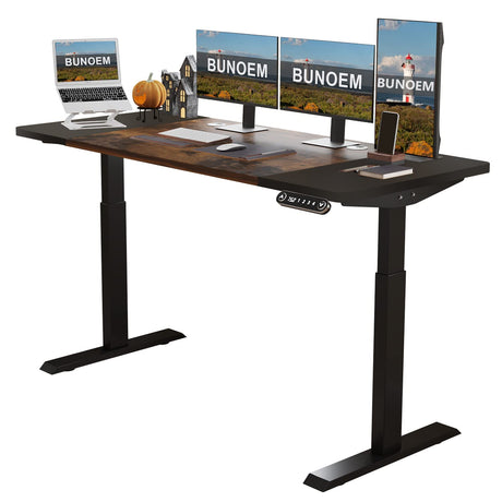 BUNOEM Height Adjustable Electric Standing Desk, 63x30 Height Stand Up Computer Desk,Sit and Stand Home Office Desk with Splice Board (Brown+Black Top, Black Frame) BUNOEM