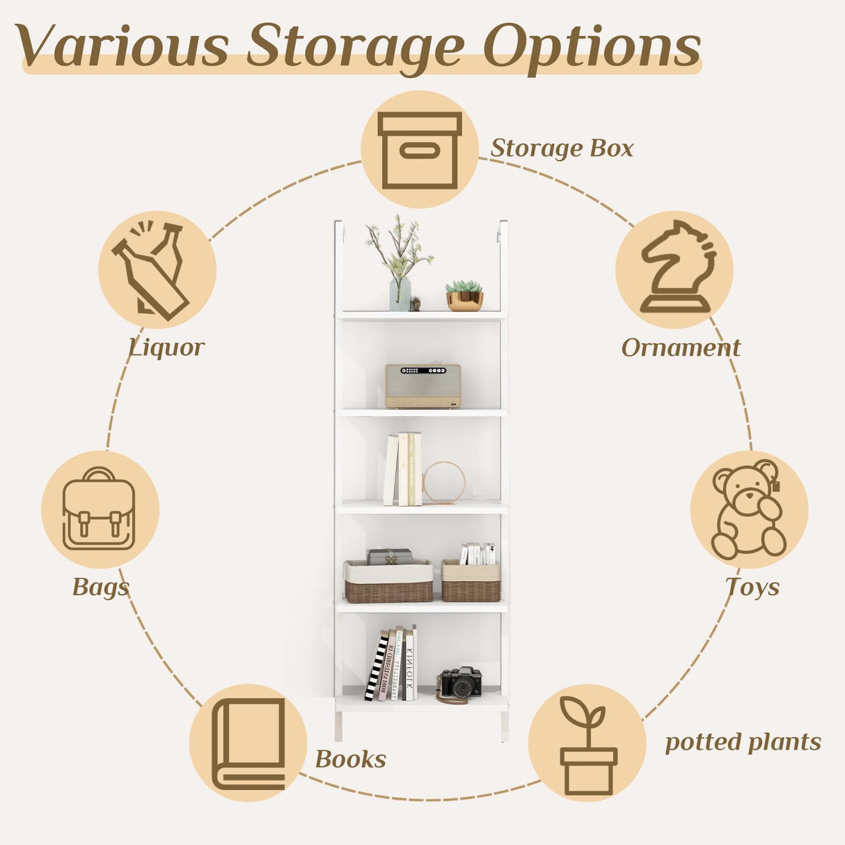 Karl home Ladder Shelf 5 Tier Wall Mounted Bookcase with Metal Frame, Open Design Shelves for Living Room, Bedroom, Home, Office, White (23.62" L x 11.81" W x 70.87" H) Karl home
