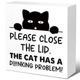 Cat Owner Bathroom Wood Block Signs,Please Close the Lid the Cat Has A Drinking Problem Wooden Box Sign for Bathroom Shelf Toilet Restroom Tabletop Desk Decor,Cat Lovers Sign Decor V585 LVQHI