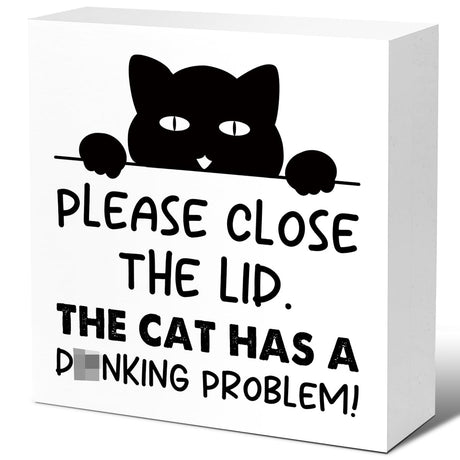 Cat Owner Bathroom Wood Block Signs,Please Close the Lid the Cat Has A Drinking Problem Wooden Box Sign for Bathroom Shelf Toilet Restroom Tabletop Desk Decor,Cat Lovers Sign Decor V585 LVQHI