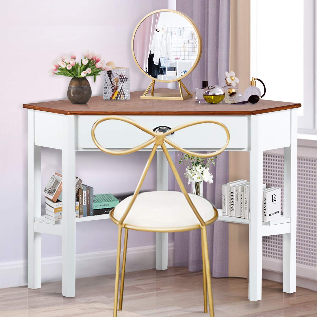 IFANNY Corner Desk, Triangle Desk with Drawers and Shelves, Wood Corner Console Table, Vanity Table with Storage, Corner Writing Desk, Small Corner Desks for Small Spaces (Natural & White) IFANNY