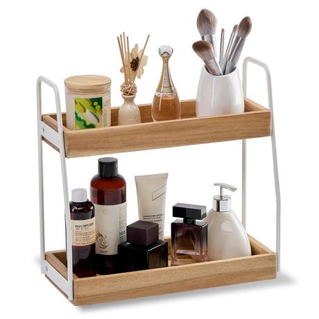THYOI Acacia Wood 2-Tier Wooden Organizer Countertop, 15.4”x6.7”x14.6”, Natural White with White Steel, Two-Tier Bathroom Organizer, Storage Organizer, Wooden Organizer, Countertop Storage Shelf THYOI