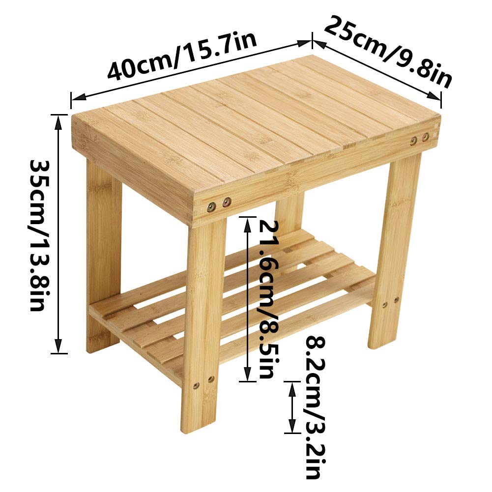 KKTONER Bamboo Step Stool with Storage Shower Bench with Shelf Foot Stool for Bathroom Living Room Bedroom Natural Color KKTONER