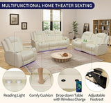 AYCP Furniture Power Recliner Set with LED Lights, Quilted Air Leather Reclining Set with USB Port/Storage/Cup Holder/Reader Light for House/Home Theater/Apt/Rv/Office (Ivory, 3PC Full Set) AYCP Furniture