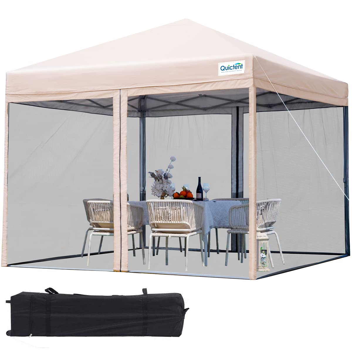 Quictent 10'x10' Pop up Canopy Tent with Mosquito Netting, Outdoor Ez up Screened Canopies Screen House Room Tent Portable, Fully Sealed, Waterproof & Wheeled Carry Bag Included (Tan) - WoodArtSupply