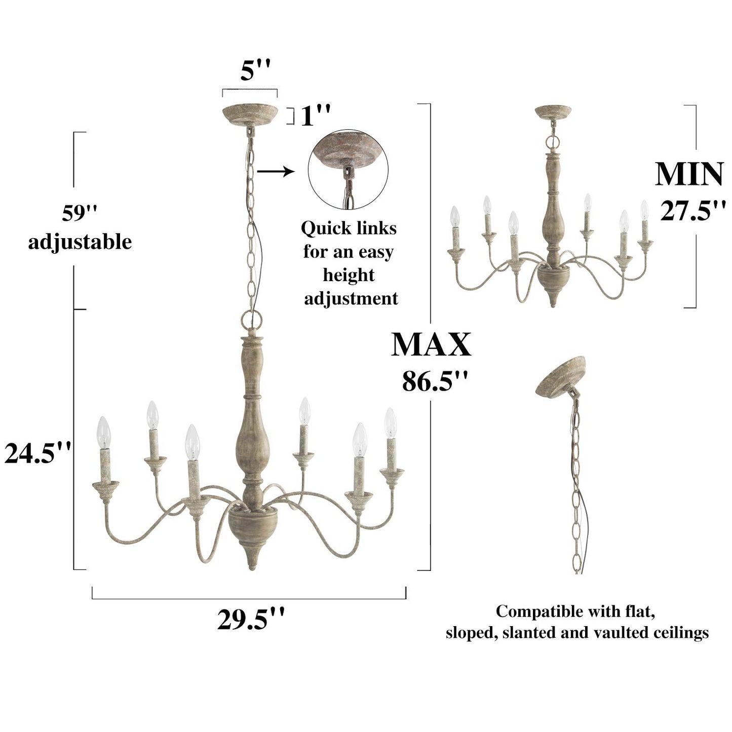 LNC French Country Chandeliers Wood 6 Lights Rust Arms for Dining, Bedroom, Living Room and Bathroom, Brown Lamp Body Size:D29.5 xH24.5