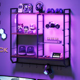 EYCOAL Gaming Floating Shelves, Wall Mounted Wooden Decor Display Shelf with 34" LED Lights and Adjustable Glass Bar Wine Shelf, Extra Hanging Hooks Storage for Gaming Room and Living Room EYOCAL