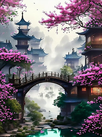 Semneroy Bridge Flower Diamond Painting Kits for Adult Beginners,Cherry Blossoms Building Diamond Art Kits,Full Drill Paint with Diamond Dot Gem Art Painting for Home Decor 12x16 inch