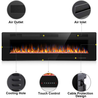 Joy Pebble 60 inch Electric Fireplace Inserts, in-Wall Recessed and Wall Mounted 750/1500W Fireplace Heater, Touch Screen, Remote Control with Timer, Adjustable Flame Color and Speed