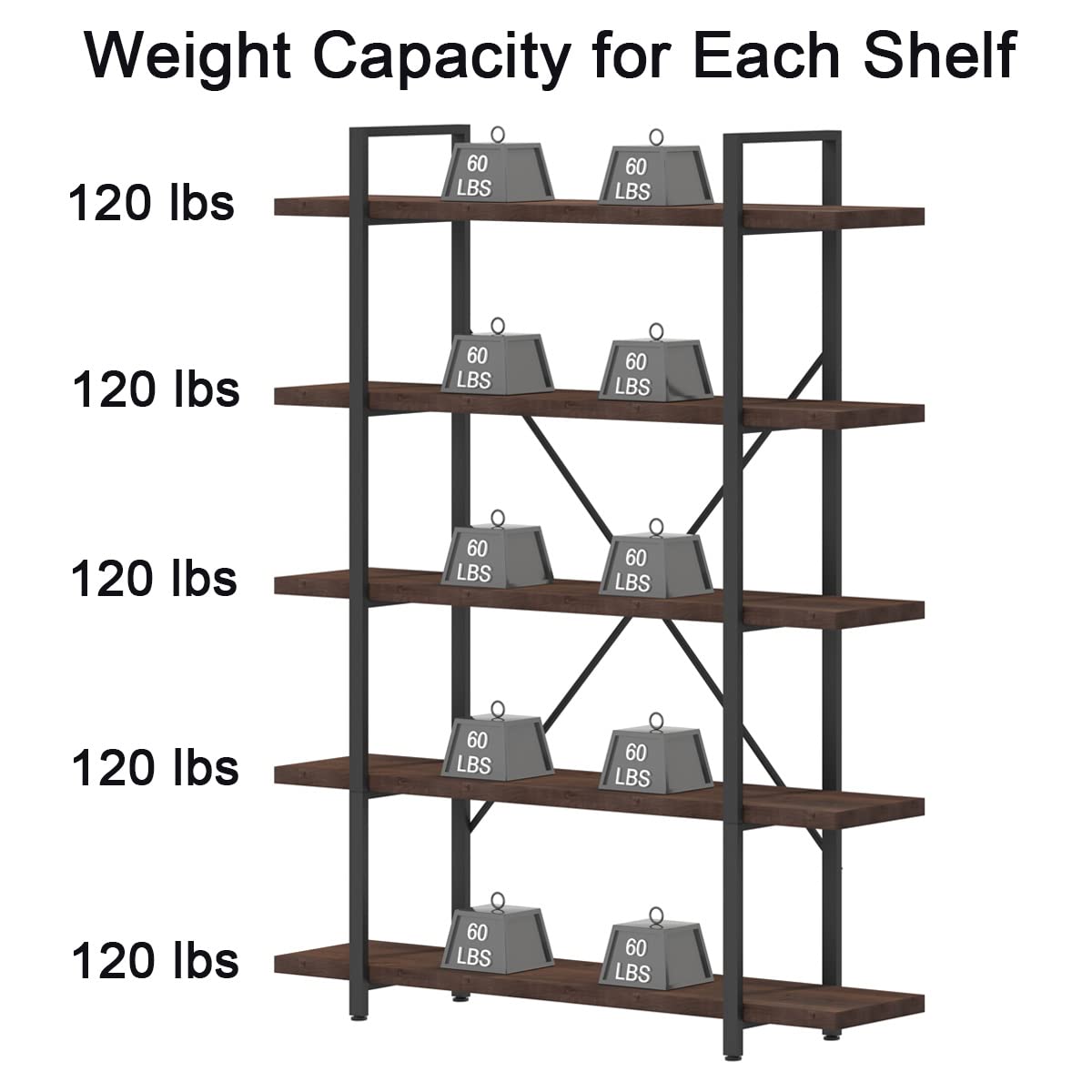 5-Tier Rustic Gray Solid Wood Bookshelf with Industrial Metal Accent - WoodArtSupply