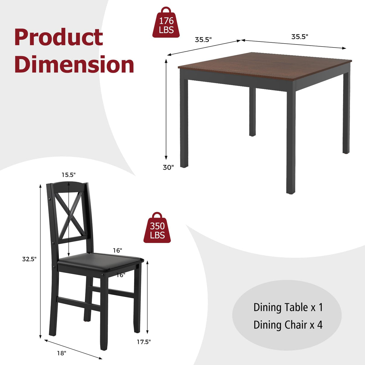 Tangkula Mid-Century Modern Dining Table Set for 2, Wooden Kitchen Table & 2 Chairs with Padded Seats, 3-Piece Compact Dining Set for Small Spaces, Kitchen, Living Room (Brown+Black) Tangkula