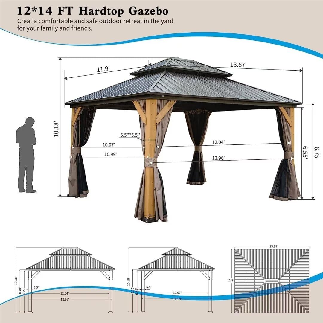 LPP-AWH 12'x14' Hardtop Gazebo with Cedar Wood Frame,Galvanized Steel Double Roof Gazebo Pavilion with Curtains and Netting - Outdoor Permanent Gazebo Canopy for Garden & Backyard (Brown) LPP-AWH