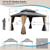 LPP-AWH 12'x14' Hardtop Gazebo with Cedar Wood Frame,Galvanized Steel Double Roof Gazebo Pavilion with Curtains and Netting - Outdoor Permanent Gazebo Canopy for Garden & Backyard (Brown) LPP-AWH