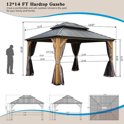 LPP-AWH 12'x14' Hardtop Gazebo with Cedar Wood Frame,Galvanized Steel Double Roof Gazebo Pavilion with Curtains and Netting - Outdoor Permanent Gazebo Canopy for Garden & Backyard (Brown) - WoodArtSupply