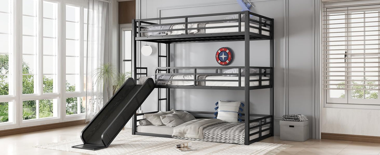 Metal Triple Bunk Bed with Slide, Twin XL Over Twin XL Over TwinXL Bunkbeds with Ladder, Heavy Duty 3 Bunk Bed Frame with Safety Guardrails for 3 Teen/Adults, Easy Assembly, Black Bellemave