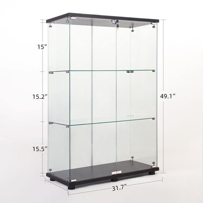 Yoluckea 3 Shelves Glass Cabinet with 2 Doors, Floor Standing Clear Glass Curio Cabinet Collection Display Case for Living Room Bedroom 49.49” x 31.77”x 14.37” Black