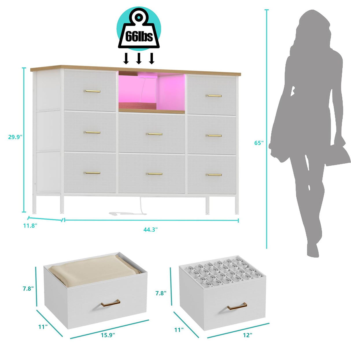 VASICAR White Dresser with LED Lights & Power Outlets, Dresser TV Stand with 8 Drawers for 55" TV, Fabric Chest of Drawers for Bedroom, Living Room, Entryway VASICAR