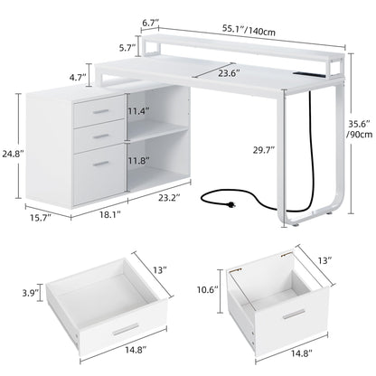 DWVO L Shaped Desk with Drawers, 55" Corner Computer Desk with Power Outlets & LED Lights, Home Office Desk with File Cabinet, White