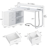 DWVO L Shaped Desk with Drawers, 55" Corner Computer Desk with Power Outlets & LED Lights, Home Office Desk with File Cabinet, White DWVO