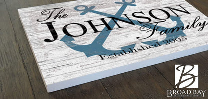 CUSTOM Beach House Sign or Lake Home Sign - Name and Established Date - Solid Wood - 16.5in x 10.5in (Anchor Slate Blue) - WoodArtSupply