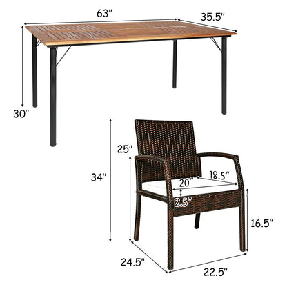 HAPPYGRILL 7 Pieces Patio Dining Set Outdoor Furniture Rattan Wicker Dining Set with Umbrella Hole, Powder Coated Steel Frame, Acacia Wood Dining Table and Armchairs with Removable Cushions