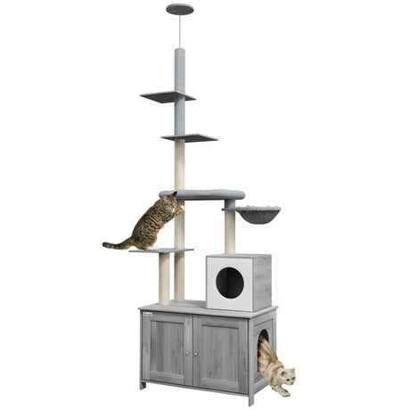 PawHut Cat Tree with Litter Box Enclosure, 2 in 1 Floor to Ceiling Cat Tower Litter Box Furniture with Condo, Bed, Hammock, Scratching Posts, and Platforms for Indoor Use, Gray PawHut