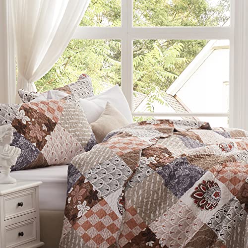 LEAONME 2 Pieces Twin Size Quilt Set Lightweight Brown Floral Bedspread 68x86 Inch Soft Patchwork Coverlet Warm Microfiber Bed Cover for All Seasons (1 Quilt,1 Pillow Sham) LEAONME