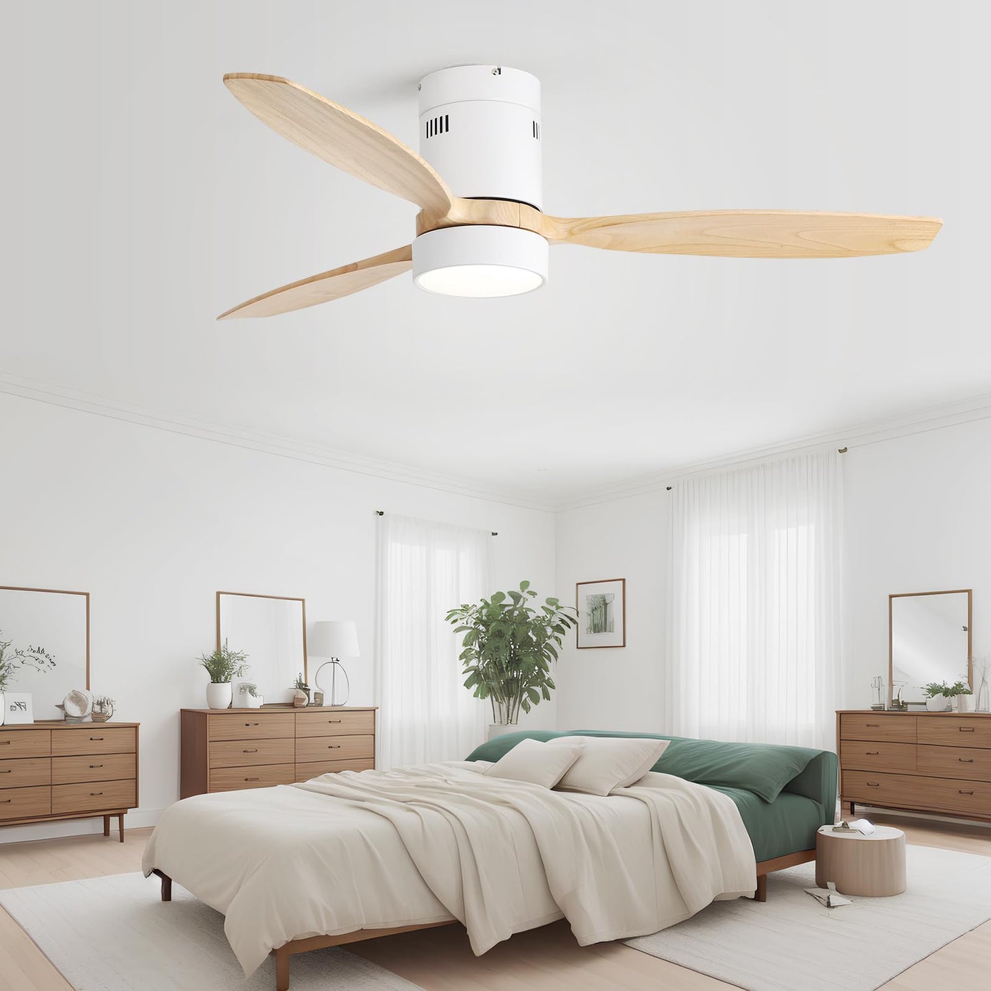 Sofucor 52 Inch Low Profile Ceiling Fan with Lights Remote Control Wood Blades Reversible DC Motor Modern Ceiling Fan for Kitchen, Bedroom, Basement, Dining, Living Room(white+wood color)