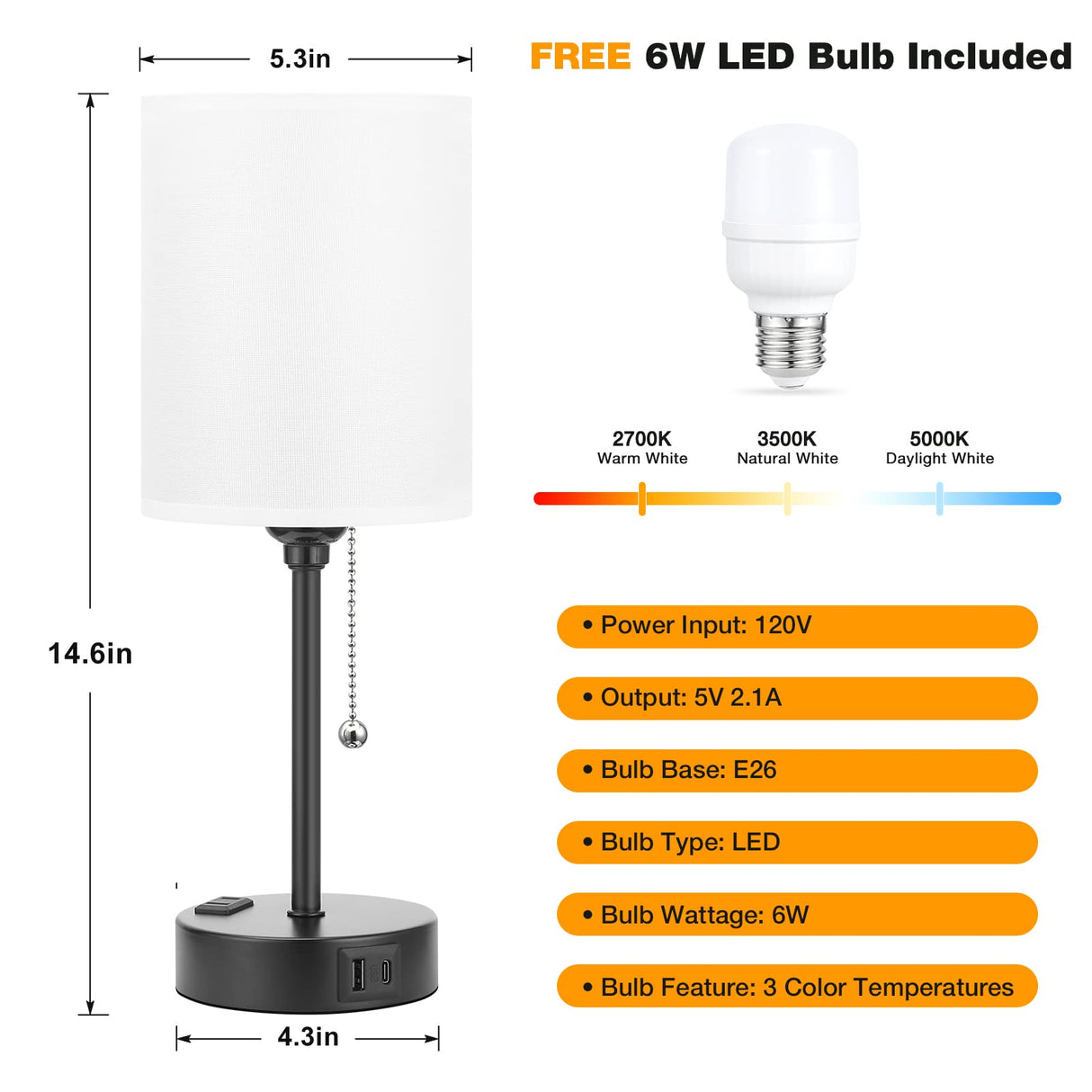 Small Bedside Table lamp for Bedroom - 3 Color Temperatures Bedside Lamps with USB C and A Ports, Pull Chain Table Lamps with AC Outlet, White Nightstand Lamps with Black Metal Base for Kids Reading Dicoool