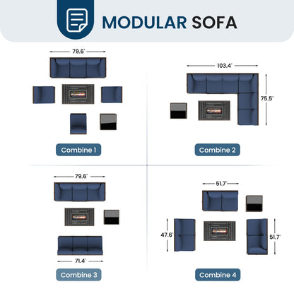 Amopatio 8 Pieces Patio Furniture Set with 44" Fire Pit Table, Outdoor Sectional Furniture Rattan Conversation Sofa, Patio Couch with Glass Coffee Table, 2 Waterproof Covers (Navy Blue) - WoodArtSupply