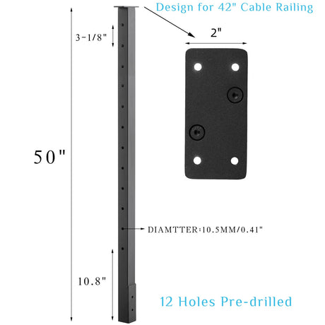 Senmit Cable Railing Post Fascia Mount-Stainless Steel Square Weldless 42"x2"x2" Pre-drilled Side Mount Metal Post for Wood Deck, Black 4 Pack Senmit