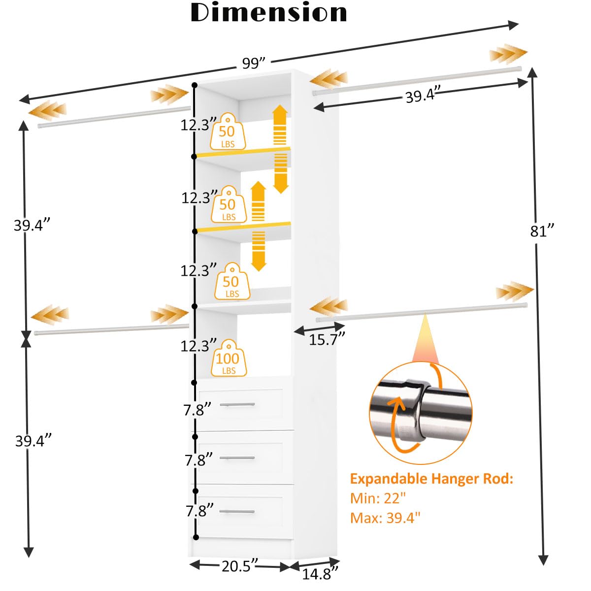 Closet System with Drawers, 5FT-8FT Custom Closet Organizer System 99" Walk in Wood Closet Storage System with 4 Expandable Hanging Rods Wall Mount White Dilando
